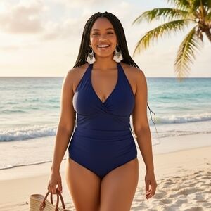 2XL Plus Size Curvy Halter One Piece Swimsuit Navy Blue Moderate Stretch